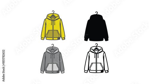 Four different colored hooded sweatshirts hang on hangers.