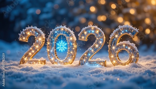 Decorative glowing 2026 numbers in soft snow. Sparkling bokeh lights create a festive background for New Year and winter celebrations.