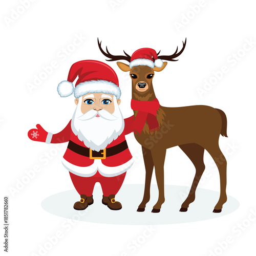 Cute Santa Claus and reindeer with hat and scarf vector illustration. Happy Santa Claus with a reindeer icon isolated on a white background. Christmas design element. Template for background, banner