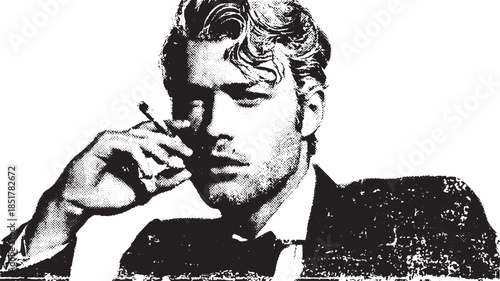 A thoughtful man smoking a cigarette in a classic black and white portrait. Elegant vector illustration with grunge effects.
