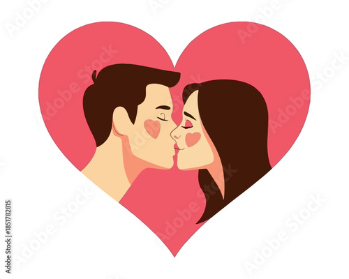 Tender moment of a loving couple sharing a gentle kiss inside a heart shape.