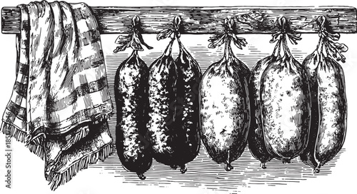 Black and white line art of a set of sausages hanging from a wooden rack. Vintage food vector illustration showcasing cured meats.