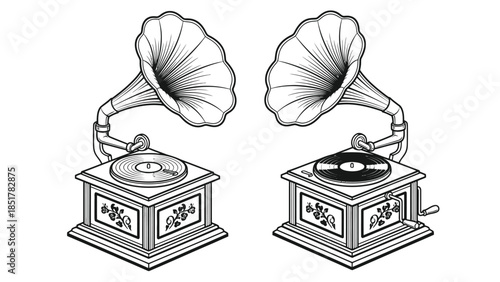 Two antique gramophones with records on white background