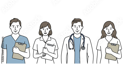 Diverse medical team with clipboards ready to assist and heal.