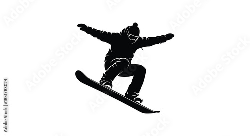 A dynamic snowboarder in mid air performing a trick captured as a striking silhouette