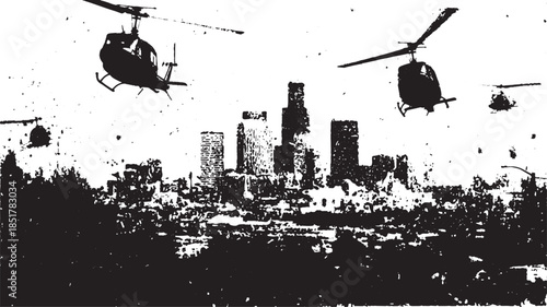 Helicopters flying over a city skyline. The black and white vector illustration captures modern urban scenery in a concise format.