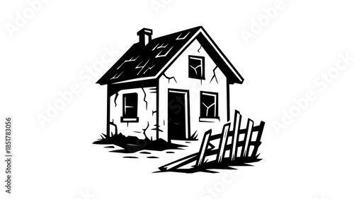 A dilapidated house with broken windows and a fallen fence stands abandoned.