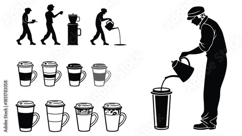 Silhouettes of people preparing and serving coffee in disposable cups.