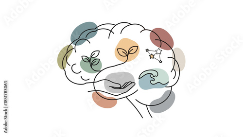 Conceptual line art of a brain, blending symbols of growth, innovation, and nature with soft organic shapes, portraying cognitive health and holistic well-being