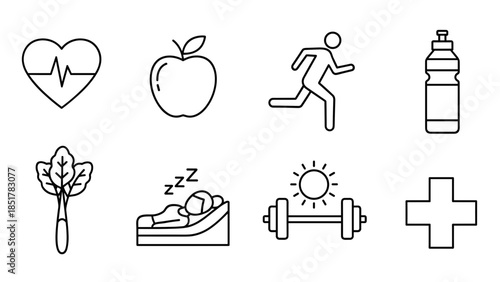 Essential Line Icons for a Healthy Lifestyle A Comprehensive Collection of Wellness and Fitness Symbols Representing Diet, Exercise, and Rest