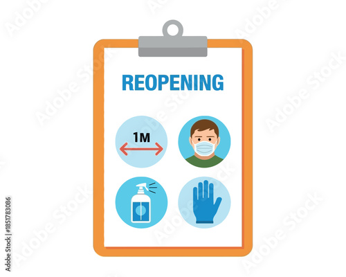 Clipboard displays reopening guidelines with social distancing, mask, and sanitizer icons