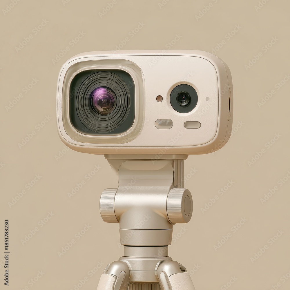 Fototapeta premium Close up of a sleek white web camera mounted on an adjustable tripod, against a plain, neutral backdrop with gentle illumination.