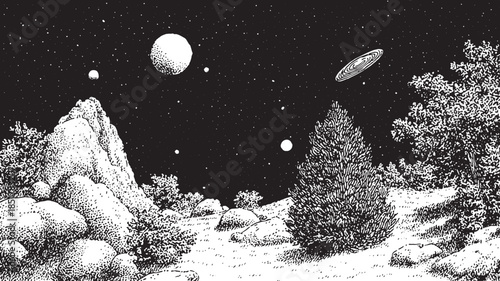 Space landscape featuring planets and stars. Black and white vector illustration showcasing rocks and trees against a starry sky.