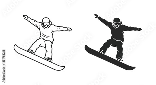 Snowboarder in action dynamic pose two versions shown black and white illustration silhouette