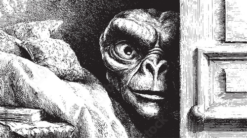 Alien creature face peering through a door. Surreal black and white vector illustration with detailed features.