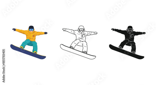Three variations of a snowboarder in action showcasing different color schemes and a silhouette