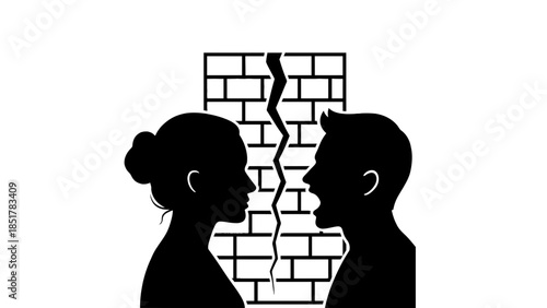 Silhouettes of a couple facing each other across a cracked brick wall.