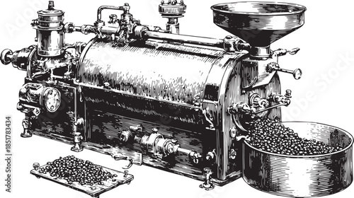 Vintage machine illustration showing detailed equipment design. Black and white vector illustration of the mechanism and parts in an industrial set.