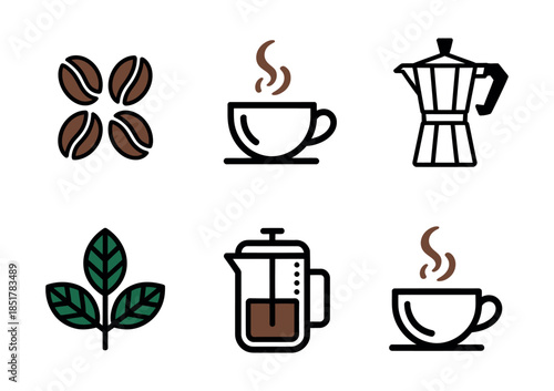 Collection of simple, modern icons representing coffee and tea elements.