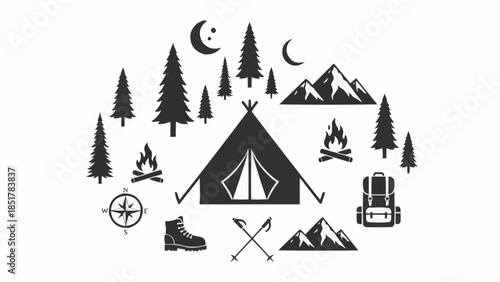 Camping Adventure Icons Set Mountain Forest Night Scene.