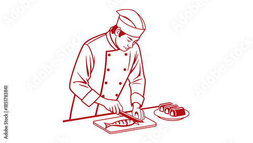 Chef preparing food on a cutting board with a knife.
