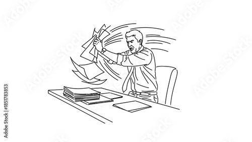 Man throws papers in the air in frustration at his desk.