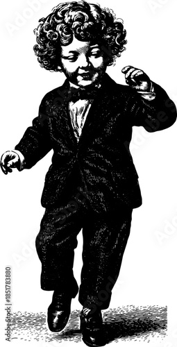 Vintage engraving of a child in a suit. The detailed black outline illustration showcases a classic character vector set.