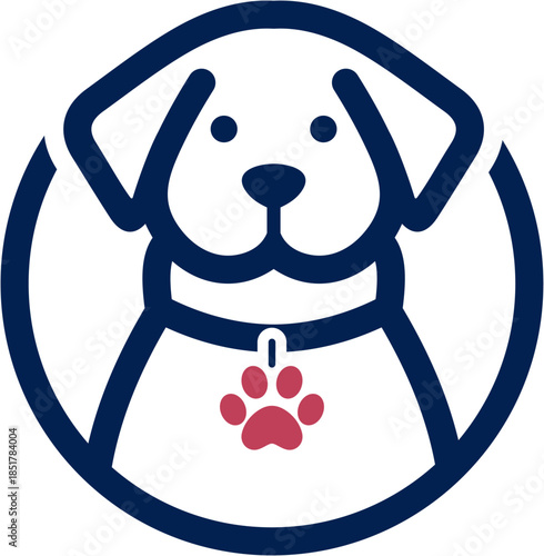 Stylized head Dog Illustration,blue Outline and pawprint red color	
