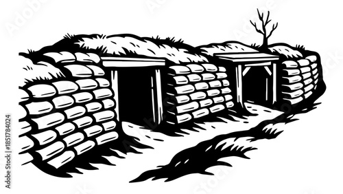 Trench warfare fortifications made of sandbags and earth are depicted.