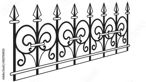 A decorative wrought iron fence with pointed finials and fleur-de-lis designs.