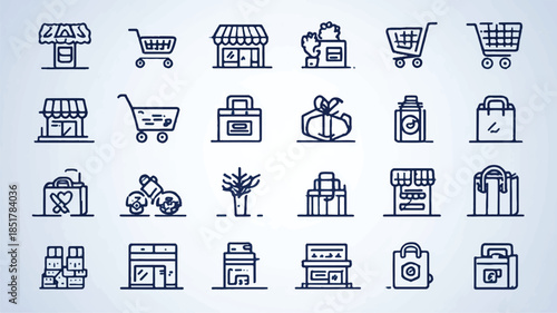 line icons of shopping and business objects on blue background