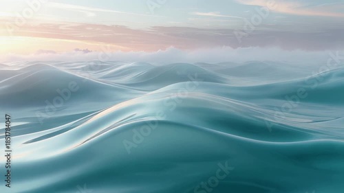 Dreamy Teal Liquid Waves Gently Flowing Under a Pastel Sky at Sunrise