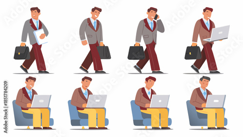 Businessman in various professional settings with laptop and briefcase