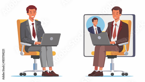 Businessmen working remotely with laptops in modern office setting