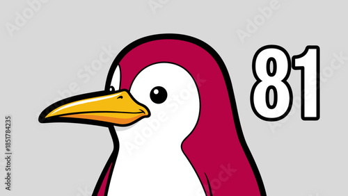 Cartoon penguin with red head and number 81 on a gray background.
