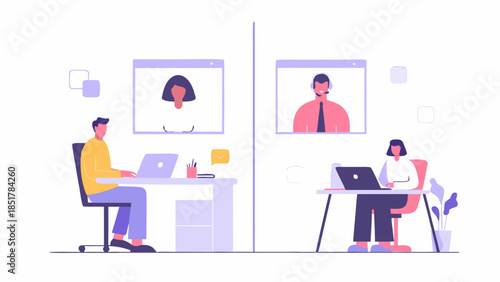 Remote team collaboration with video conference on laptop screens