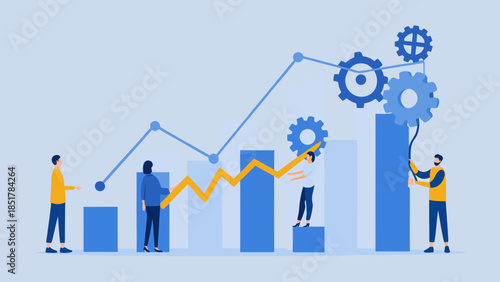 Business team analyzing growth charts and gears in modern office
