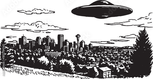 UFO above a city silhouette in black and white. Simple landscape vector illustration featuring buildings and clouds in the sky.