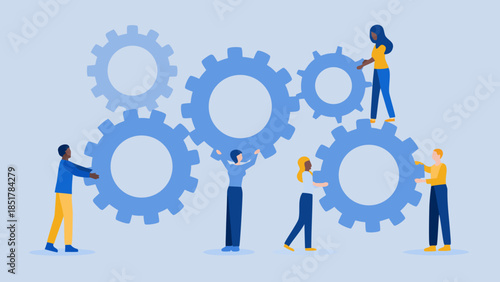 Diverse team working together to align gears in perfect harmony
