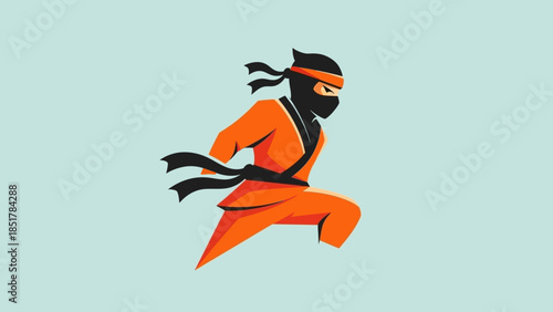 Orange ninja character running with black mask and headband on light blue background.