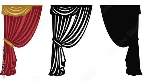 Three draped curtains shown in color, silhouette, and outline.