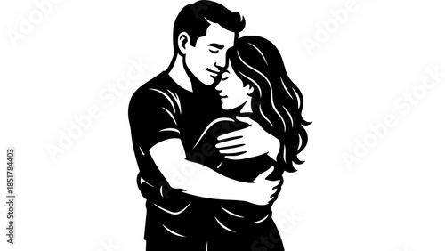 A couple embraces each other with closed eyes in a loving hug.