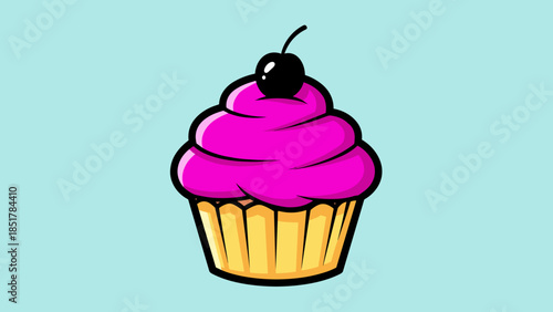 Cartoon cupcake with pink frosting and a cherry on top, against a blue background.
