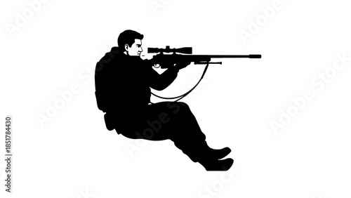 Silhouette of a person aiming a rifle with a scope