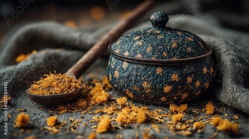 Fototapeta Naklejka Na Ścianę i Meble -  A dark, textured spice pot adorned with golden flecks sits on a rough burlap fabric. A wooden spoon is filled with vibrant yellow spices, some of which are scattered around the pot.