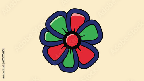 A colorful flower with red, green, and blue petals and a red center, outlined in blue, on a beige background.