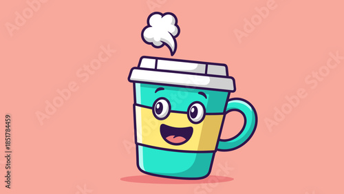 Cartoon coffee cup with a happy face and steam rising from the lid on a pink background.