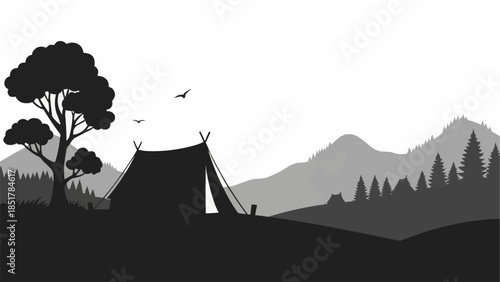 Silhouette of a camping tent pitched in a serene natural landscape.