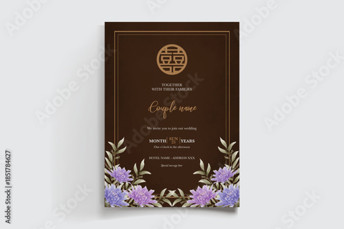 WEDDING INVITATION FRAME WITH FLOWER DECORATIONS AND FRESH LEAVES