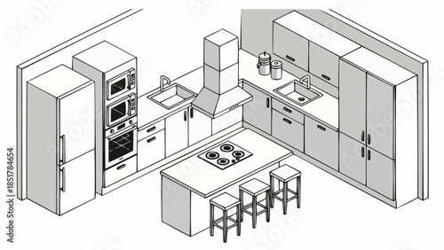 Modern Kitchen Design with Island and Appliances.